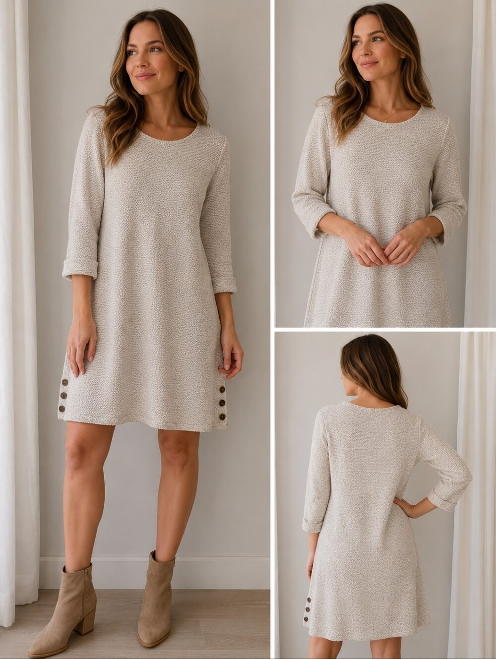 Robert Louis Marled Knit Sweater Dress 3/4 Sleeve Button Hem Size M Neutral